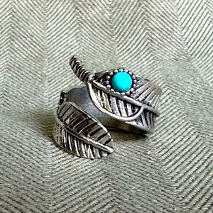 Silver and Turquoise Feather Adjustable Ring
